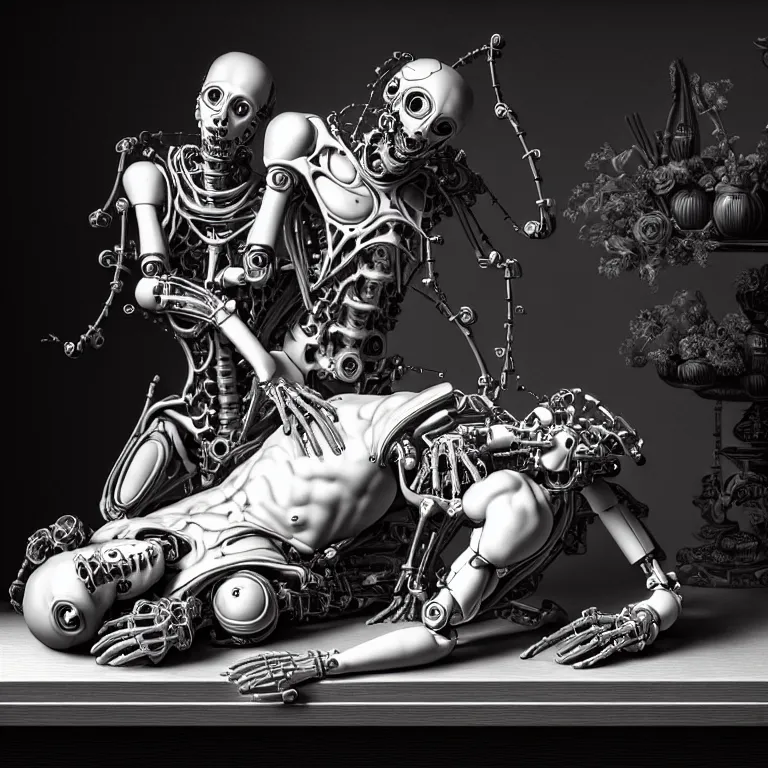 Prompt: still life of two biomechanical cyborg male lovers laying on a table, pastel flowers on a table, surreal alien ribbed pastel fruit, white human spine, baroque painting, beautiful detailed intricate insanely detailed octane render trending on Artstation, 8K artistic photography, photorealistic, chiaroscuro, Raphael, Caravaggio beautiful BW monochrome