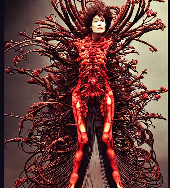 Image similar to still frame from Prometheus harvest goddess cyborg in crimson filament mycelium dressed by Neri Oxman and alexander mcqueen metal couture haute couture editorial by utagawa kuniyoshi by giger