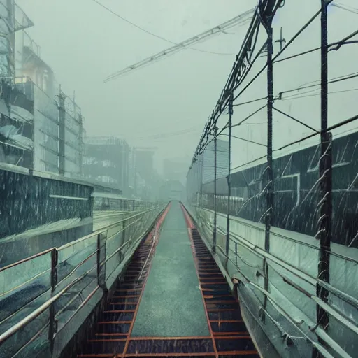 Prompt: raining dark smog wide angle shot dieselpunk dystopia makoto shinkai corrogated steel overhead walkway