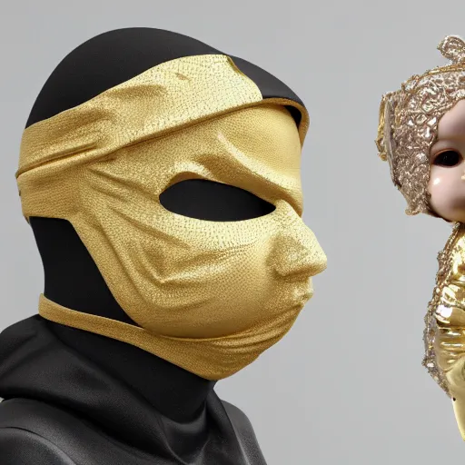 Image similar to a high tech 3 d rendering of a a baby cherub angel wearing a balaclava face mask, ski mask, face covered, gucci, chanel, covered face, fixed eyes, tattoos, multiple gold cuban chain necklace, graffiti in background octane render, blender