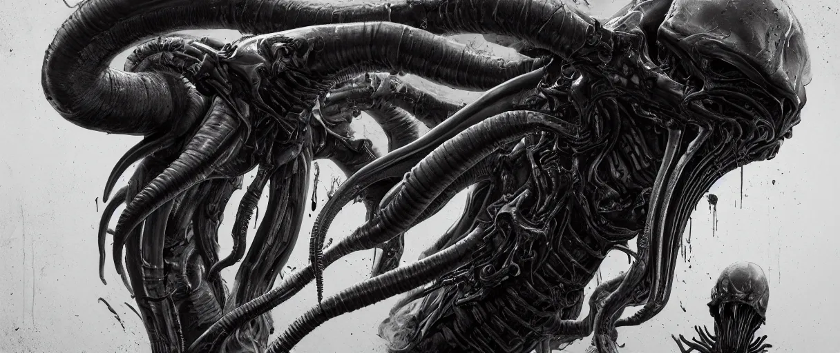 Image similar to duotone noir hyperreal concept illustration of black xenomorph alien by hr giger. accidental renaissance composition. cosmic horror atmosphere. cinematic volumentric lighting. by sachin teng and sergey kolesov and ruan jia and heng z. graffiti art, scifi, fantasy, hyper detailed. octane render. trending on artstation