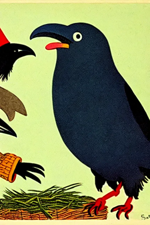 Prompt: by richard scarry. a raven laughing at a scarecrow. a 1 9 5 0 s retro illustration. studio ghibli. muted colors, detailed