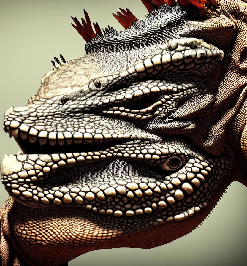 Image similar to antasy creature setting all : iguana head : : 0. 5 the head has a symmetrical horn and tumor, and there is a rhino horn at the front of the beak, and the mouth is open to reveal a mouth full of fangs with huge wings, full body rich detail realistic photoreal photorealistic octane render 8 k