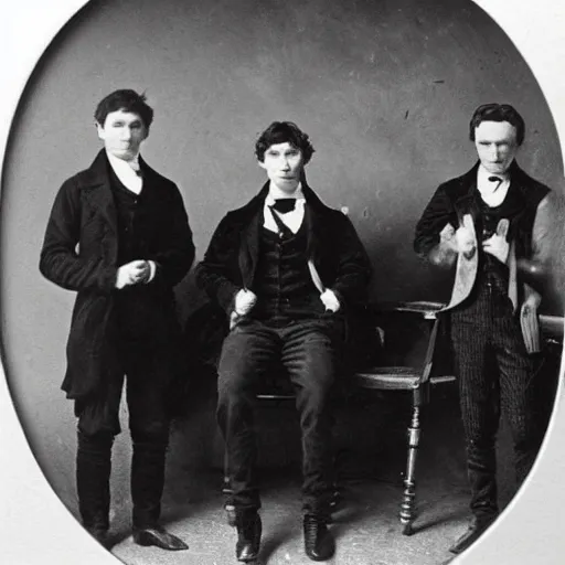 Prompt: rare early victorian photograph of cillian murphy, tom hardy, tom hiddleston, very grainy, blurry, 1 8 4 0 s, 1 8 5 0 s, realistic face