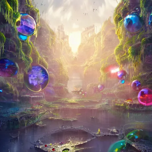 Image similar to a utopian city, filled with fauna, with bubbles floating around everywhere, dynamic lighting, fantasy concept art, trending on art station, stunning visuals, creative, cinematic, ultra detailed