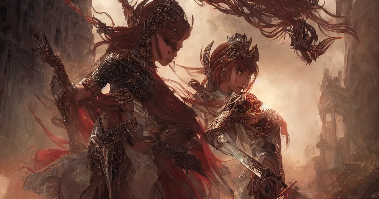 Image similar to knights of zodiac girl + smoky eyes, black and reddish armor, knight cinematic shot, in ruined agora of athens, ssci - fi and fantasy, intricate and very very beautiful and elegant, highly detailed, digital painting, artstation, concept art, smooth and sharp focus, illustration, art by tian zi and wlop and alphonse mucha