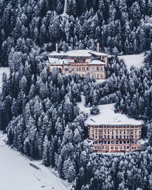 Image similar to mansion in the snowy alps set on fire, zoomed out, shot from drone, iphone capture, fire