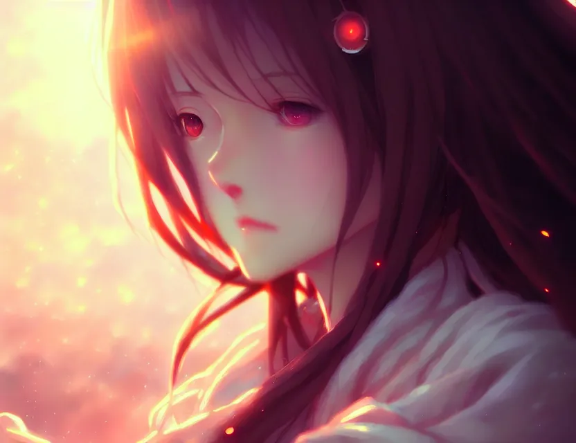 Image similar to the light of the ages rests of her shoulders, and her eyes are filled with sadness, by nashimanga, anime illustration, anime key visual, beautiful anime - style digital painting by wlop, amazing wallpaper