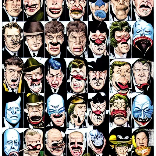 Image similar to drawing of 1 4 tiny jokers all in the mouth of gotham city's finest investigative reporter, 4 k art by brian bolland, graphic novel art