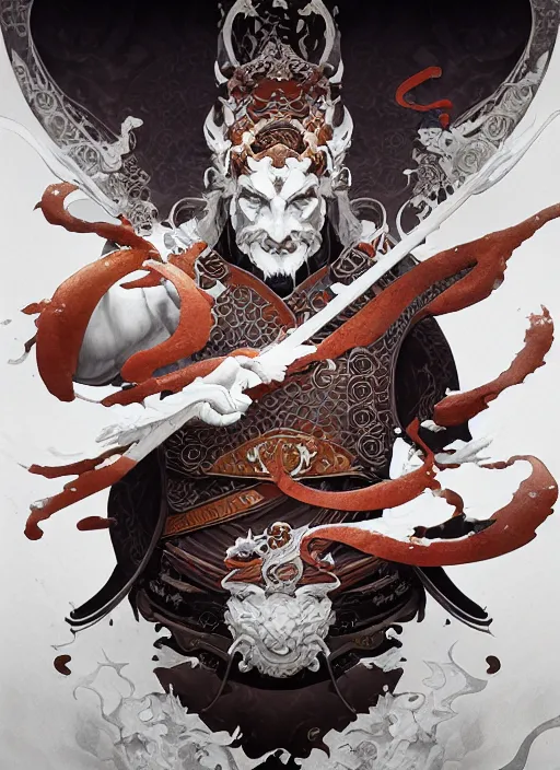 Image similar to subsurface scattering, white, koi, samurai deity with koi armor, art nouveau swirls, epic lighting, octane render, by jesper ejsing, james jean, justin gerard, tomasz alen kopera, cgsociety and fenghua zhong, highly detailed, rim light, art, very coherent, cinematic, hyper realism, high detail, 8 k