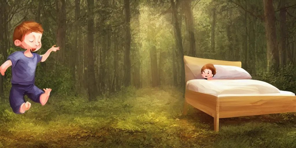 Prompt: a beautiful illustration of a sleepy little cute boy jumping on his bed in a beautiful forest, digital art, high detailed face