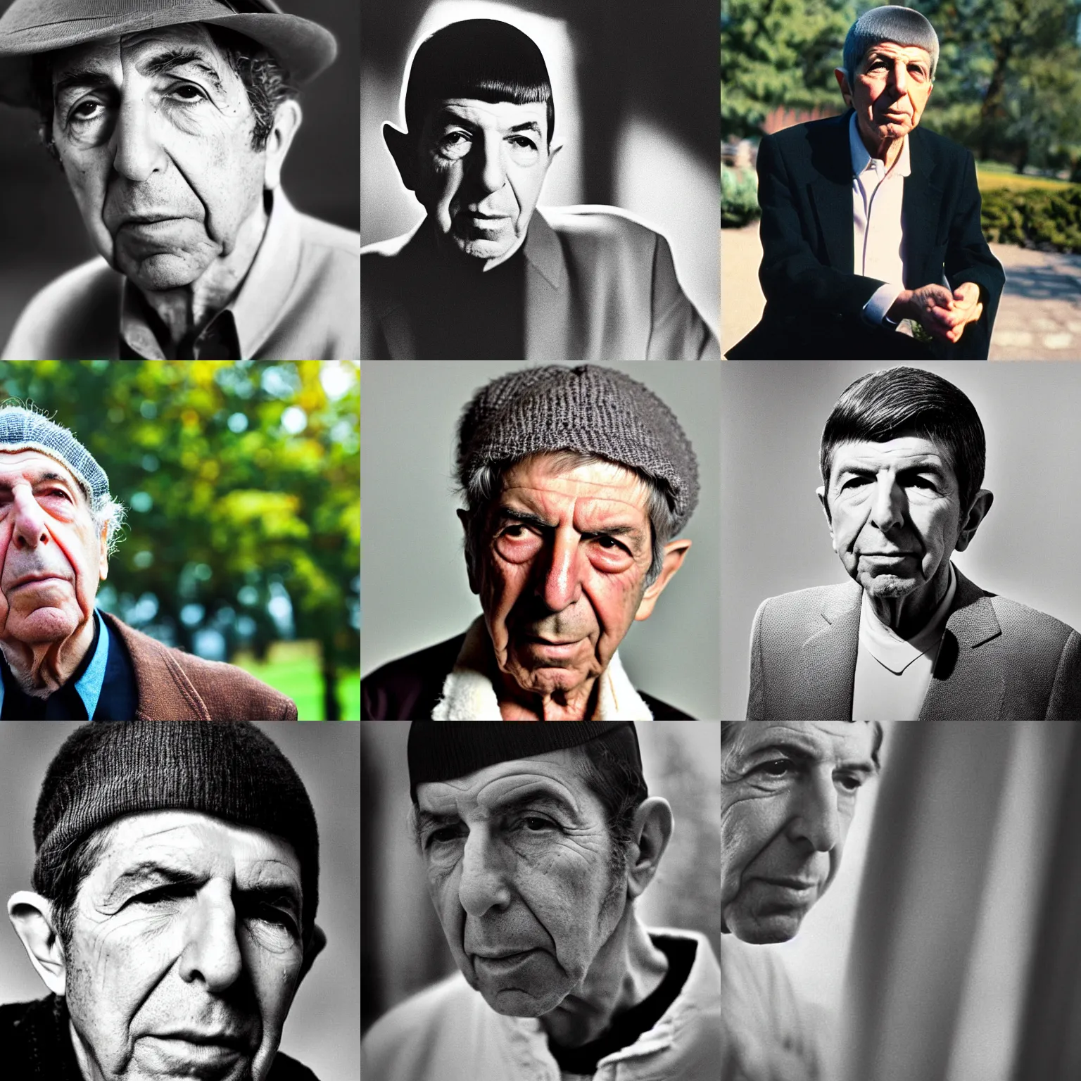 Prompt: portrait photograph, Leonard Cohen as Spock, bokeh, depth of field