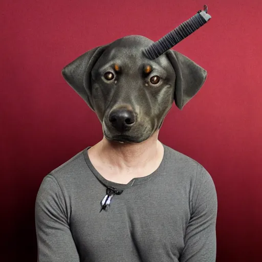 Image similar to realistic studio portrait, human face disguised as a dog, vfx special effects, dog human hybrid creature, in the style of annie leibovitz