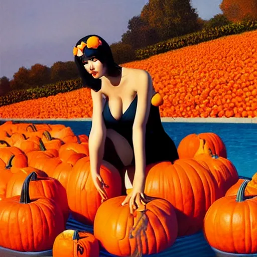Image similar to Goddess young girl with big bust wearing orange latex dress and yelliw gloves in a swimming pool full of pumpkins by Ilya Kuvshinov