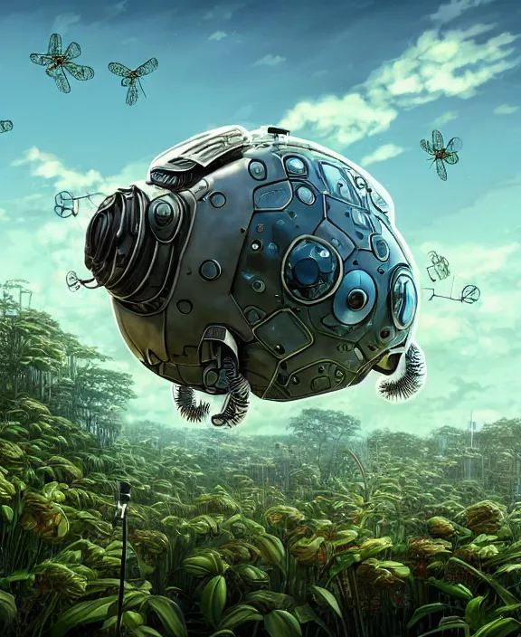 Image similar to a giant industrial plant made out of seamless isopod dragonflies, in the style of a puffy robot, overgrown with orchids, partly cloudy, somber, dramatic lighting, by dan mumford, yusuke murata, makoto shinkai, ross tran, cinematic, unreal engine, cel shaded, featured on artstation, pixiv