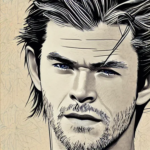 Image similar to chris hemsworth, digital art, utamaro kitagawa style