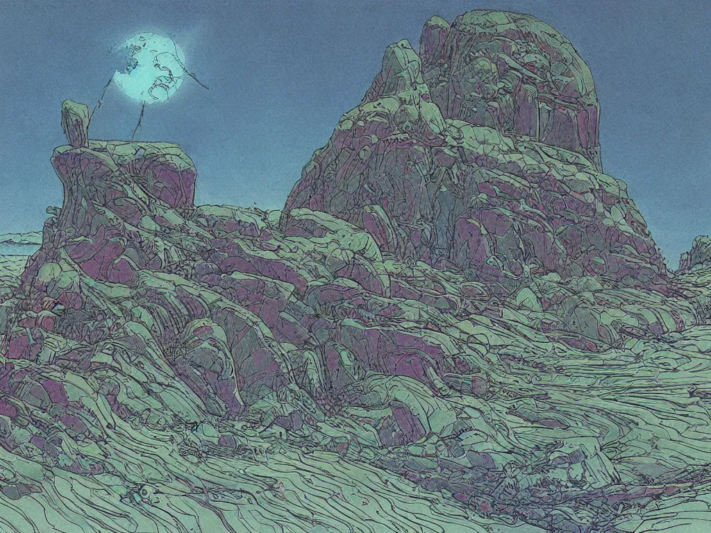 Image similar to moebius drawing painting lush alien landscape