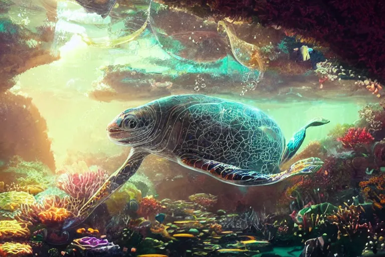 Image similar to beautiful painting of a huge caretta wearing a metallic armour floating in a natural cave aquarium, coral reef, water bubbles, intricate details, jewel fishes, two magnificent jelly fish, highly detailed, artstation, art by pascal campion, dynamic light, god rays of light, volumetric light, cinematic mood