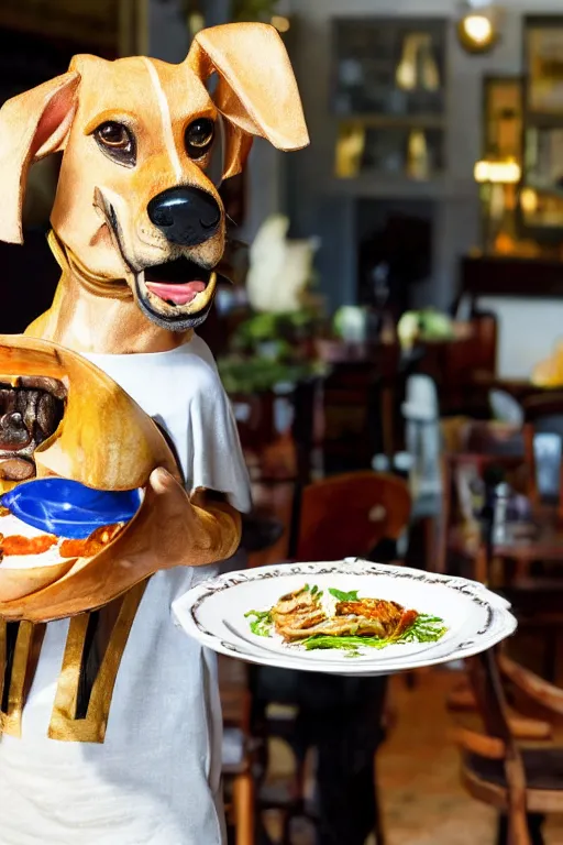 Image similar to a dog - headed waiter holding a plate of food