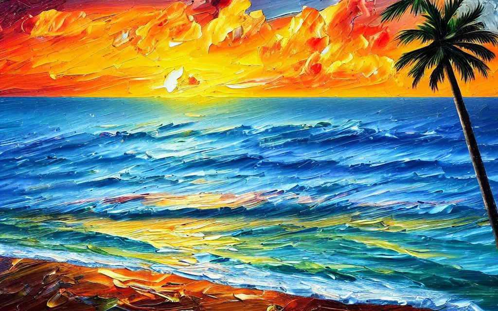 Prompt: in a big sea is a tiny island with a cute cozy cottage on it with a terrace, a paved courtyard with benches and string lights, palm trees, sunset, puffy clouds, dramatic and dynamic lighting, thick brush strokes oil impasto painting