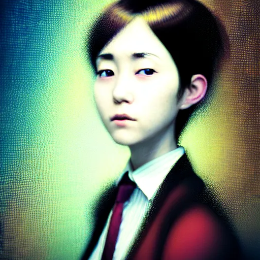 Image similar to yoshitaka amano blurred and dreamy realistic three quarter angle portrait of a young woman with short hair and black eyes wearing office suit with tie, junji ito abstract patterns in the background, satoshi kon anime, noisy film grain effect, highly detailed, renaissance oil painting, weird portrait angle, blurred lost edges