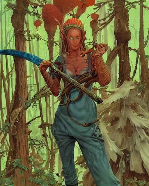 Prompt: moonshine cybin, epic level dnd wood elf spore druidess, wielding a magical sword, wearing magical overalls. covered in various fungi. full character concept art, realistic, high detail digital gouache painting by angus mcbride and michael whelan and jeffrey jones.