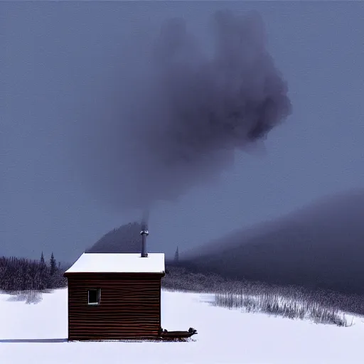 Image similar to a cabin on a hill, snowatorm, winter, smoke rising from the pipe, by alex andreev, landscape, high contrast, digital