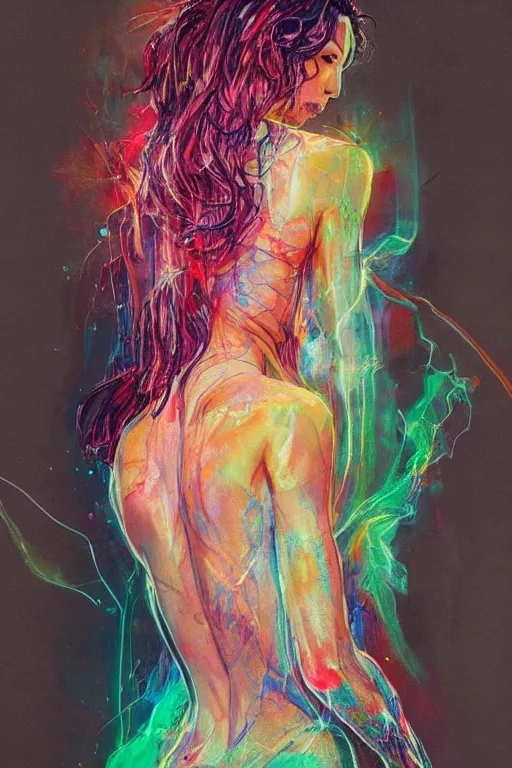 Image similar to gal gadot by agnes cecile enki bilal moebius, intricated details, 3 / 4 back view, full body portrait, extremely luminous bright design, pastel colours, drips, autumn lights