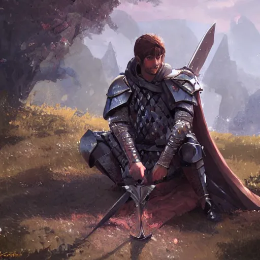 Image similar to 'A human male paladin in chainmail is resting on his knee with a greatsword in his hand, art by Greg Rutkowski, 4k'