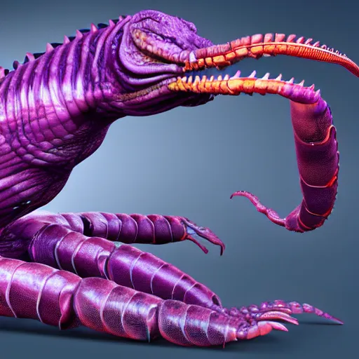 Image similar to zoomed out full body detailed photo realistic 3d render of purple alien reptile creature crustacean character concept with many legs 4k