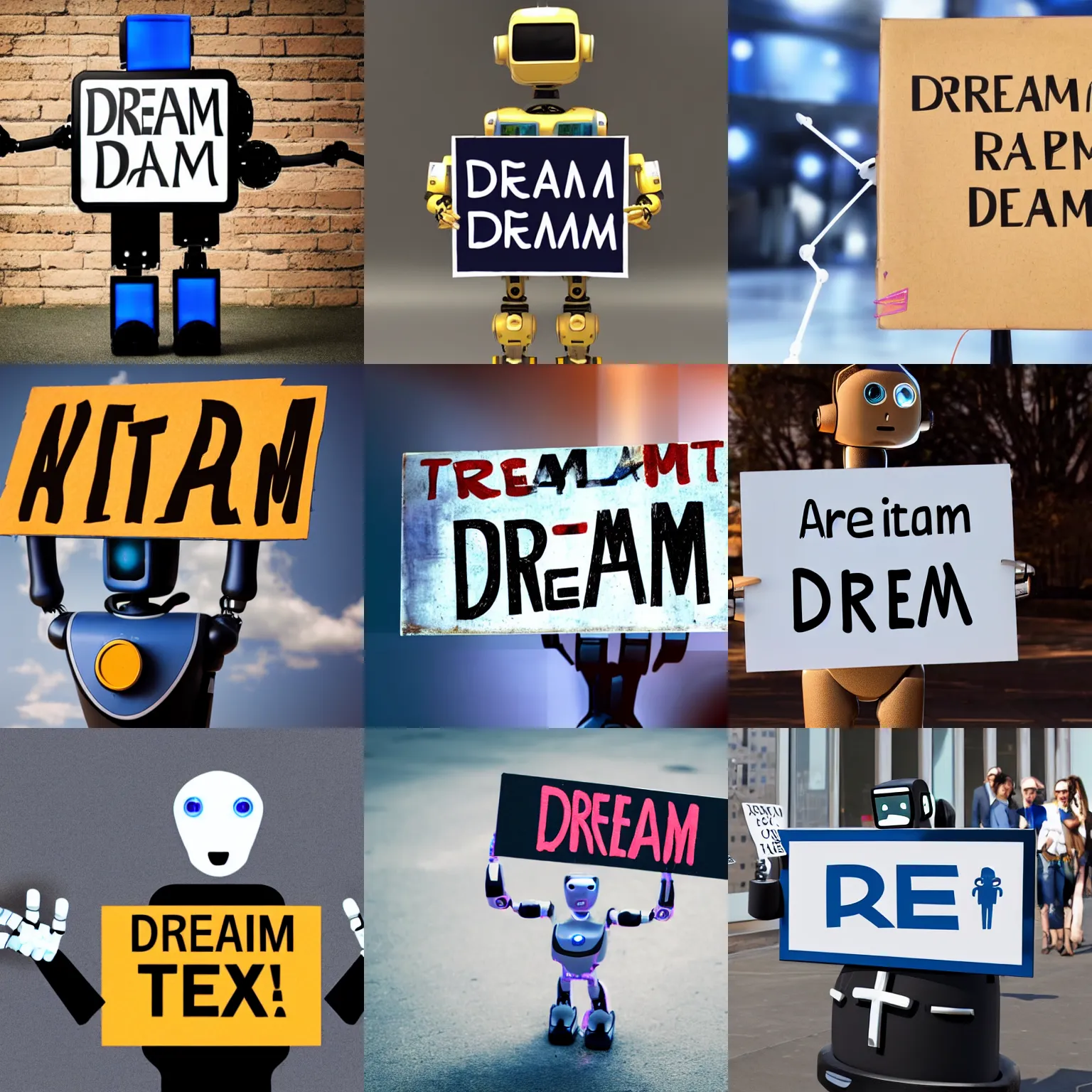 Image similar to photo of artificial intelligence robot holding a sign with text that reads : dream