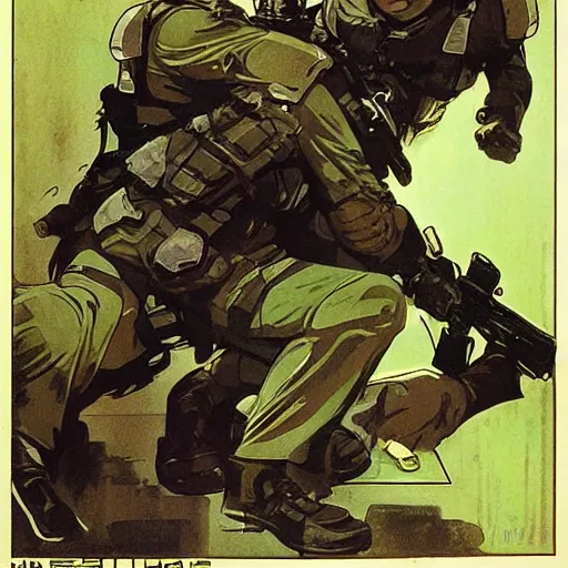 Image similar to blackops operator choking out a guard. rb6s, MGS, and splinter cell Concept art by James Gurney, Alphonso Mucha. Vivid color scheme.