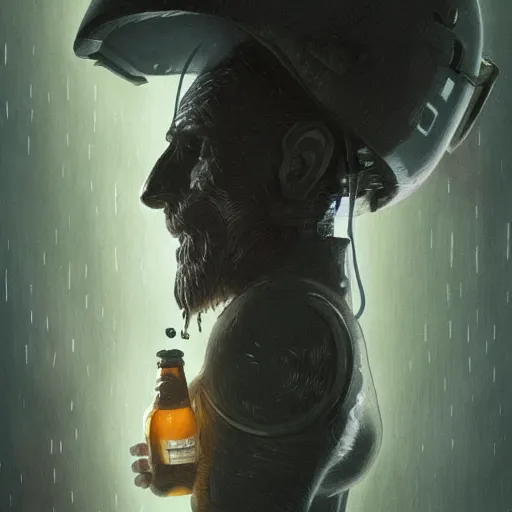 Image similar to character concept of an astronaut, with beer bottle in hand, ima dark rain forest at night, foggy, eerie, highly detailed, digital painting, artstation, concept art, symmetry, smooth, sharp focus, illustration, art by artgerm and greg rutkowski and alphonse mucha