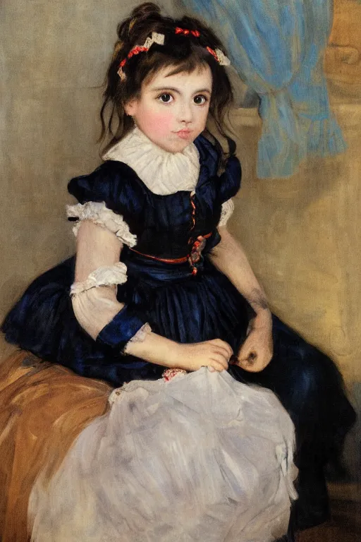 Image similar to a realistic portrait of black - haired little girl in a blue lolita dress with stars and petticoat sitting on the subway by eugene delacroix, detailed eyes, 4 k resolution