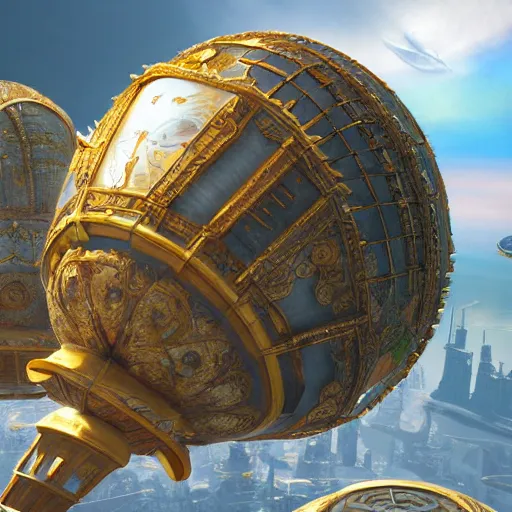 Prompt: enormous flying city in a gigantic faberge egg, sky, steampunk, floating islands, fantasy art, unreal engine,