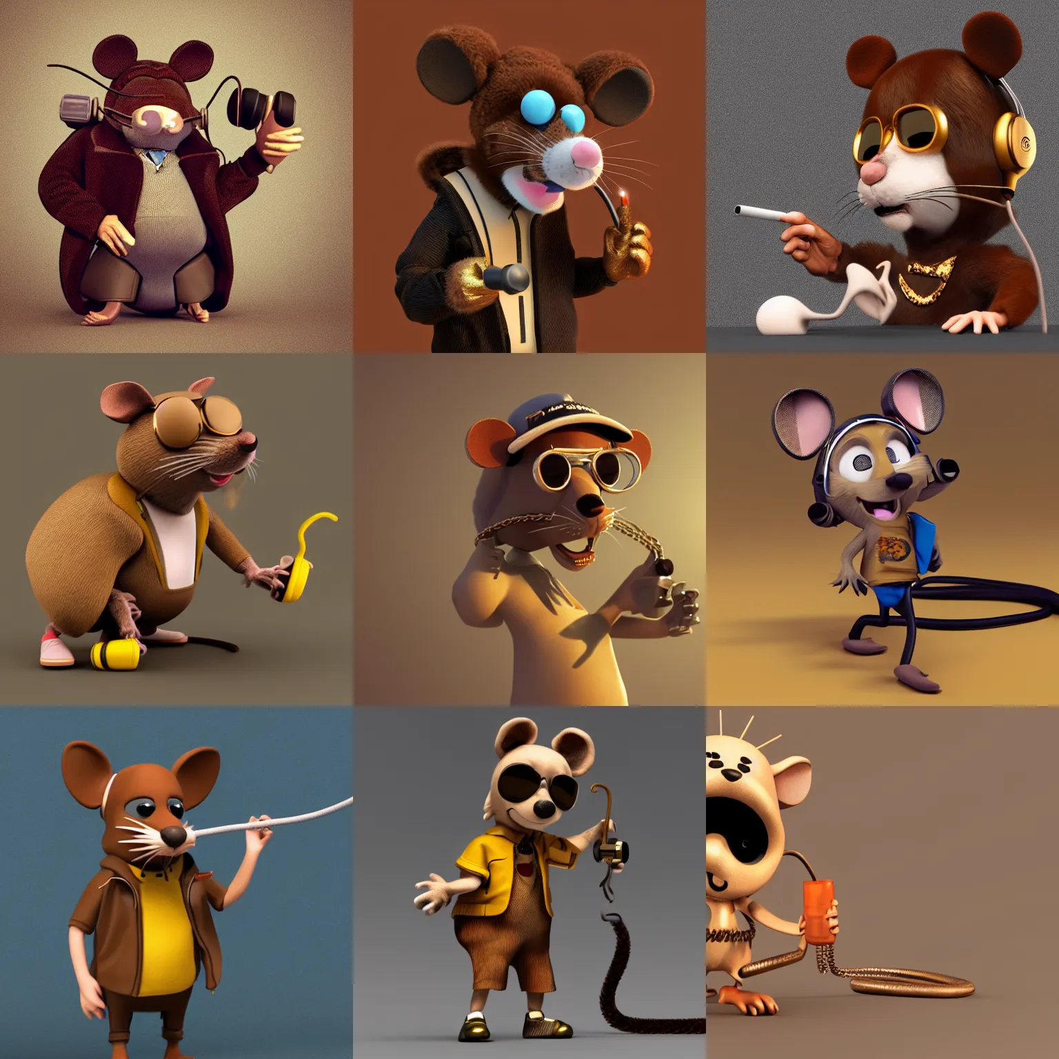 Prompt: cartoon rat gangster wearing headphones, brown fur, wearing a gold chain, smoking a blunt, bad rats, anthropomorphic, 3d render, blender, 4k