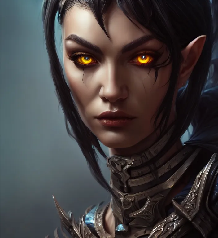 Image similar to a portrait of a dark elf, hyper detailed, digital art, trending in artstation, cinematic lighting, studio quality, smooth render, artgerm, joshua middleton, rafael albuquerque, unreal engine 5 rendered, octane rendered, art style by klimt and nixeu and ian sprigger and wlop and krenz cushart