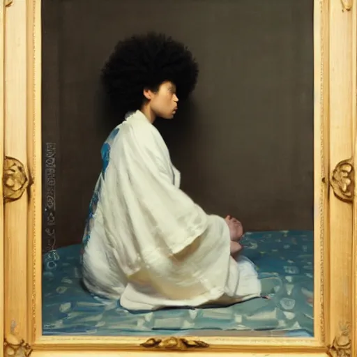 Prompt: girl with afro, in kimono, backview, sitting on edge of bed, by jeremy lipking, tim rees, joseph todorovitch