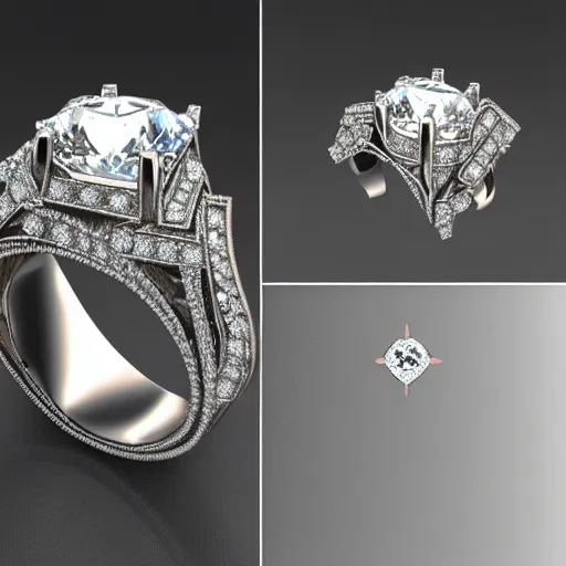 Prompt: photo of engagement ring with two diamonds outside and one in the middle, realistic, hyper detailed, concept art, victorian, multiple angles