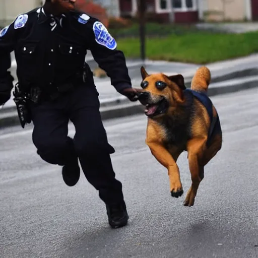 Prompt: a dog wearing a policeman uniform, chasing a robber down a street, polarid