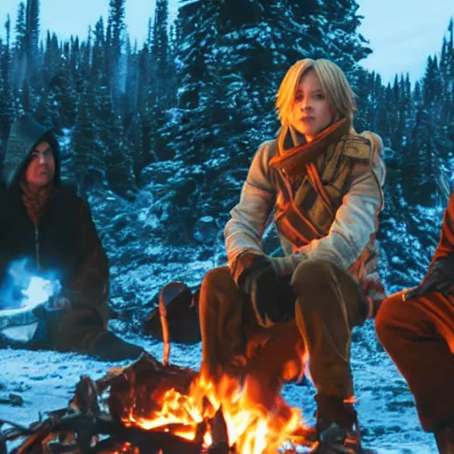 Prompt: a movie still from final fantasy live action, a traveler alone by the campfire in the snow