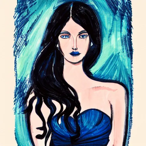 Prompt: illustrated portrait of glowing goddess with fair skin and blue eyes beautiful face with black hair wearing strapless dress