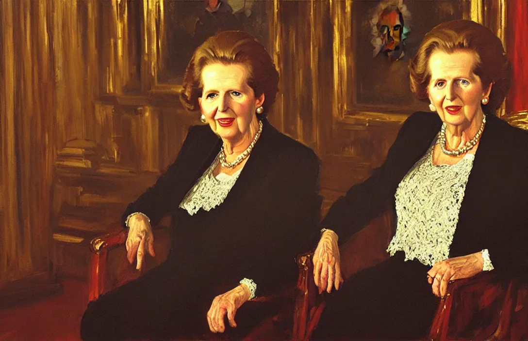 Prompt: portrait of margaret thatcher!!!!!!!!!!!!!!!!!!!!!!!!!!!, detailed face, detailed painting, detailed no. 1 0 downing street, epic lighting, by ilya repin and phil hale