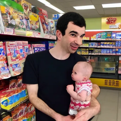 Prompt: Nathan fielder holding a baby in a 7 eleven,