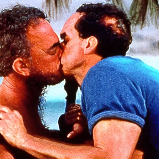 Prompt: Tom Hanks kissing Wilson from Castaway