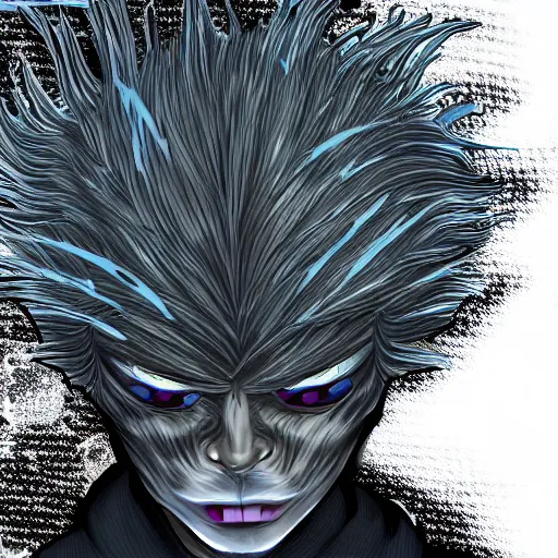 Image similar to Demon boy with upturned electrified hair, mazoku, yokai, VFX, digital art, vantablack cloak