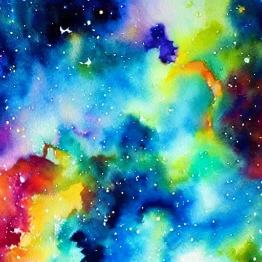 Prompt: god in space. watercolor. vibrant. amazing painting. beautiful. high resolution. highly realistic. cool tones. close - up.