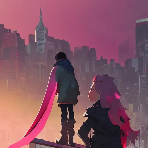 Image similar to damian wayne with pink haired friend, city landscape, Gotham, artstation, highly detailed, by makoto shinkai and thomas kindle and James gilleard