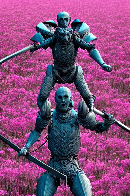 Image similar to hyperrealistic neo - gothic giant human gargoyle hybrid, exoskeleton armor, holding katana, field of pink flowers, highly detailed digital art masterpiece, vitaly bulgarov dramatic dark teal light, ground angle hd 8 k, sharp focus