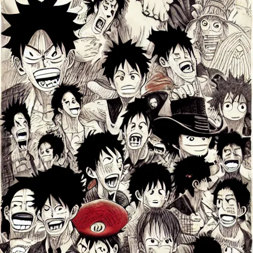 Image similar to [ luffy mustache ] ( by kim jung gi ) ( by george morikawa ) ( by kentaro miura ) ( by eiichiro oda )